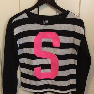 Justice white and black stripped sparkly ‘S’ top